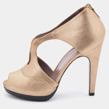 Pre Owned Hermes Metallic Beige Leather Peep Toe Booties Size 38.5