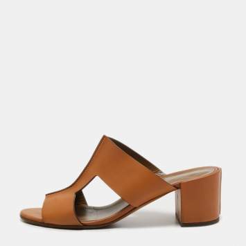 Pre Owned Hermes Brown Leather Ostia Slide Sandals Size 39