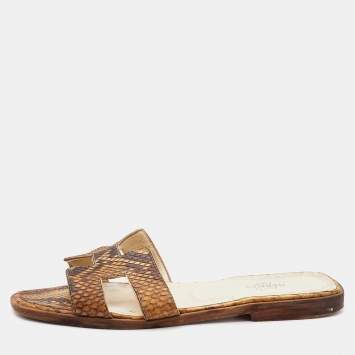 مملوكة مسبقًا Hermes Brown Python Leather Oran Flat Slides Size 37.5