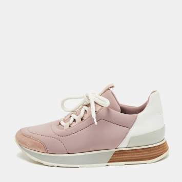 Pre Owned Hermes Pink/White Neoprene, Leather and Suede Miles Sneakers Size 36