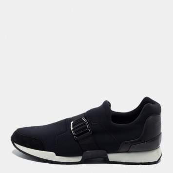 Pre Owned Hermes Black Neoprene and Leather Run Slip On Sneakers Size 37