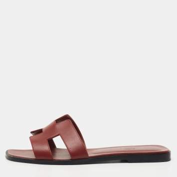 Pre Owned Hermes Burgundy Leather Oran Flat Slides Size 40