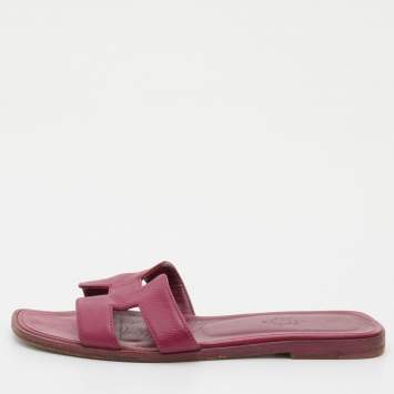 Pre Owned Hermes Pink Leather Oran Flat Slides Size 36.5