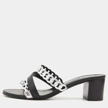 Pre Owned Hermes Black/Silver Leather Ajaccio Block Heel Slide Sandals Size 37