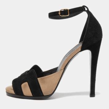 Pre Owned Hermes Black/Beige Suede Platform Premiere Ankle Strap Sandals Size 39
