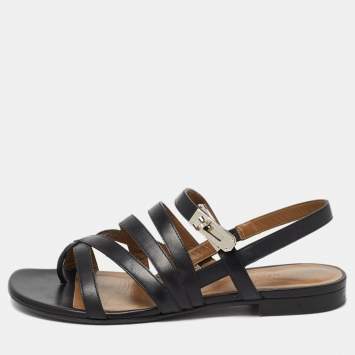 Pre Owned Hermes Black Leather Transat Slingback Sandals Size 37.5