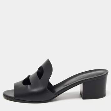 Pre Owned Hermes Black Leather Mona Slide Sandals Size 41