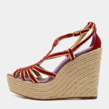 Hermes Red/Gold Suede and Leather Espadrille Wedge Sandals Size 41