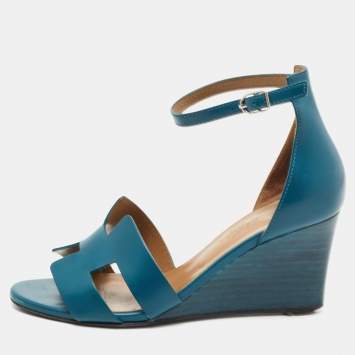 Pre Owned Hermes Teal Leather Legend Ankle Strap Sandals Size 36
