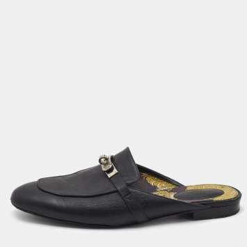 Pre Owned Hermes Black Leather Oz Flat Mules Size 41