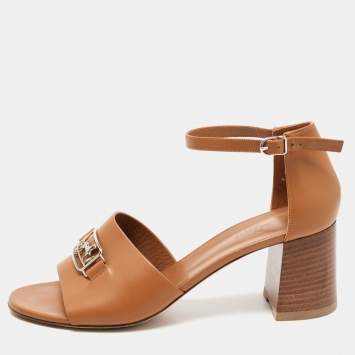 Pre Owned Hermes Tan Leather Viaggio Ankle Strap Sandals Size 41