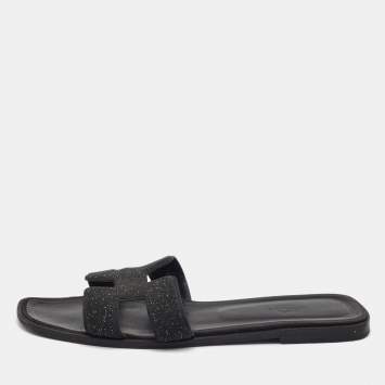 Pre Owned Hermes Black Suede And Glitter Oran Flat Sandals Size 41 