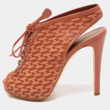 Pre Owned Hermes Brown Perforated Leather Garrigue Peep Toe Booties Size 38.5