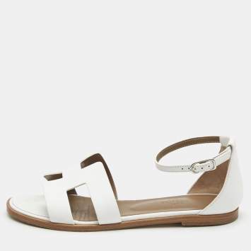 Pre Owned  Hermès  White Leather Santorini Flat Sandals Size 37