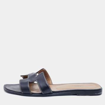 Pre Owned Hermes Black Leather Oran Sandals Size 37.5