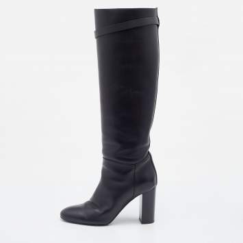 Pre Owned Hermes Black Leather Story Knee Length Boots Size 37.5