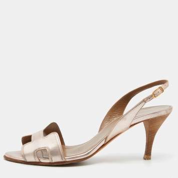 Pre Owned Hermes Metallic Bronze Leather Night Slingback Sandals Size 36.5