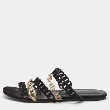 Pre Owned Hermes Black/Gold Suede and Leather Tandem Flat Slides  Size 39