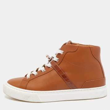 Pre Owned Hermes Brown Leather Daydream High Top Sneakers  Size 37.5