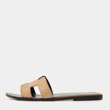 Pre Owned Hermes Beige Crystal Powder Oran Flat Slides Size 40