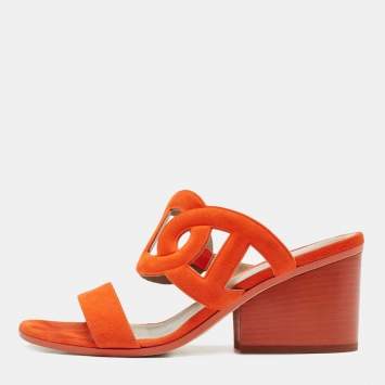 مملوكة مسبقًا Hermes Orange Suede Peace Block Heel Sandals Size 38