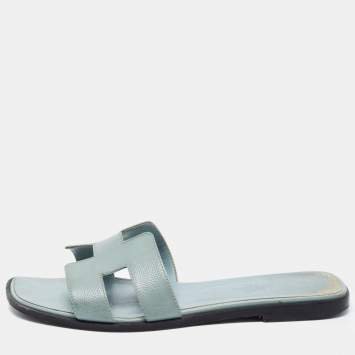 Pre Owned Hermes Blue Leather Oran Flat Slides Size 38.5