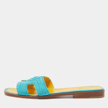 Pre Owned Hermes Blue Twisted Metal Thread Oran Flat Slides Size 39