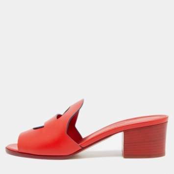 Pre Owned Hermes Red Leather Mona Slide Sandals Size 38