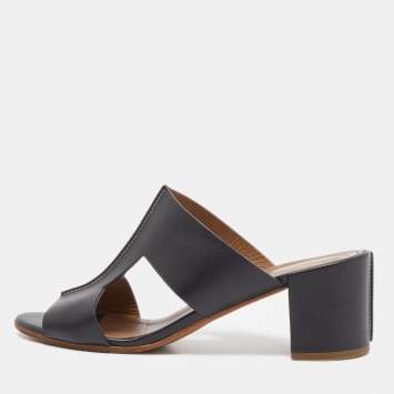 Pre Owned Hermes Black Leather Ostia Slide Sandals Size 38