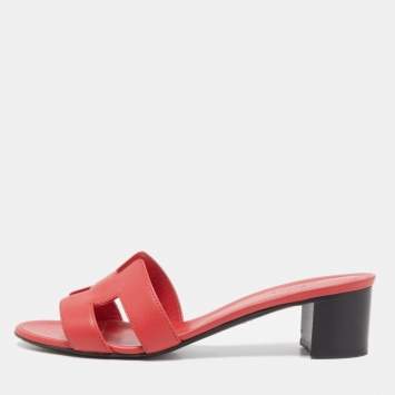 Pre Owned Hermes Red Leather Oasis Sandals Size 38.5