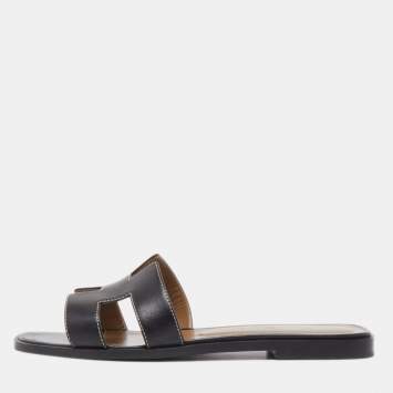 Pre Owned Hermes Black Leather Oran Flat Slides Size 37.5