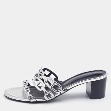Pre Owned Hermes Silver Leather Tandem Slide Sandals Size 40