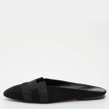Pre Owned Hermes Black Suede and Beads Powder Roxane Flat Mules Size 38