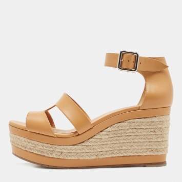 Pre Owned Hermes Tan Leather Elda Wedge Platform Ankle Strap Espadrilles Size 40.5