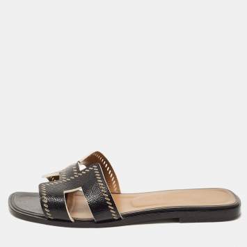 Pre Owned Hermes Black Patent Leather Oran Flat Slides Size 37
