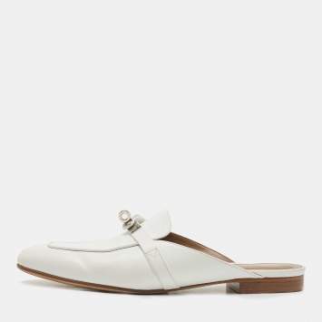 Pre Owned Hermes White Leather Oz Flat Mules Size 41