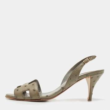 Pre Owned Hermes Grey Ostrich Night Slingback Sandals Size 37
