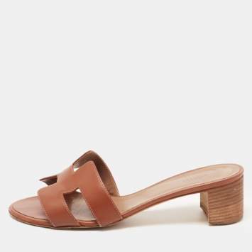 Pre Owned Hermes Brown Leather Oasis Slide Sandals Size 40