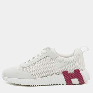 Pre Owned Hermes White/Grey Suede and Mesh Bouncing Sneakers Size 38.5