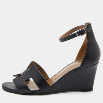 Pre Owned Hermes Black Leather Legend Ankle Strap Wedge Sandals Size 37