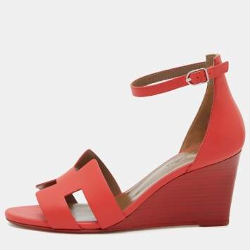 Pre Owned Hermes Red Leather Legend Wedge Ankle Strap Sandals Size 38