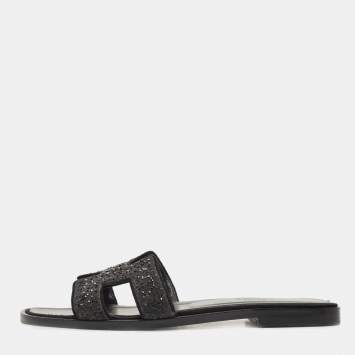 Pre Owned Hermes Black Crystal Embellished Suede Oran Flat Slides Size 39