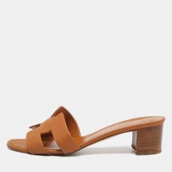 Pre Owned Hermes Tan Leather Oasis Slide Sandals Size 38
