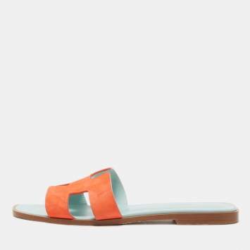 Pre Owned Hermes Orange Nubuck Leather Oran Flat Slides Size 39