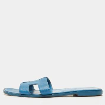 Pre Owned Hermes Blue Leather Oran Flat Sandals Size 39.5