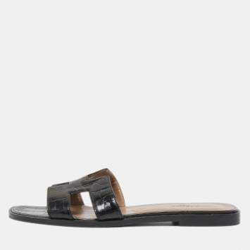 Pre Owned Hermes Black Crocodile Oran Flat Slides Size 39.5