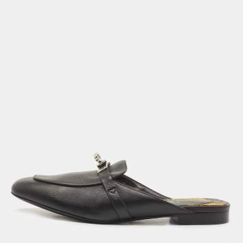 Pre Owned Hermes Black Leather Oz Flat Mules Size 38.5