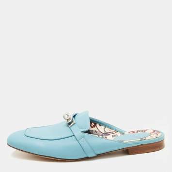 Pre Owned Hermes Blue Leather Oz Flat Mules Size 40