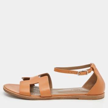 Pre Owned Hermes Brown Leather Santorini Ankle Strap Sandals Size 38.5
