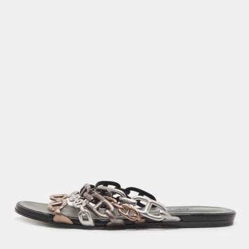 Pre Owned Hermes Tricolor Leather Thalassa Flat Slides Size 38